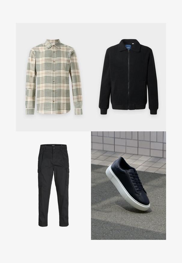 Čierna flísová bunda s uzáverom na zips, stojatým golierom, rebrovanými manžetami a bočnými vreckami s textúrovaným povrchom.; Košela na gombíky v béžovej farbe so zeleno-oranžovým károvaným vzorom. Má dlhé rukávy a klasický golier. Vyrobená z texturovanej látky.; Čierne cargo nohavice z odolnej látky, s viacerými vreckami, gombíkovým zapínaním a úzkym strihom so zúženými nohavicami.; Čierne kožené tenisky s okrúhlou špičkou a bielou gumovou podrážkou. Majú ploché šnúrky a minimálne šitie na vrchu. Textúrovaná podrážka pre lepšiu priľnavosť.