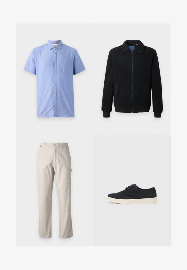 Jachetă din fleece neagră, cu închidere prin fermoar, guler înalt, manșete ribbate și buzunare laterale cu o suprafață texturată.; Cămașă cu mânecă scurtă dintr-un material albastru deschis cu un model în carouri, având un guler cu butoane și un buzunar pe piept.; Pantaloni cargo bej din bumbac rezistent, cu picioare drepte, închidere cu buton frontal și buzunare laterale pentru utilitate. Textură fină cu cusături subtile.; Pantofi negri din suede, cu sireturi, cu vârful rotund, talpă ușoară de culoare crem și accente subtile de cusuturi albastre pe partea superioară.