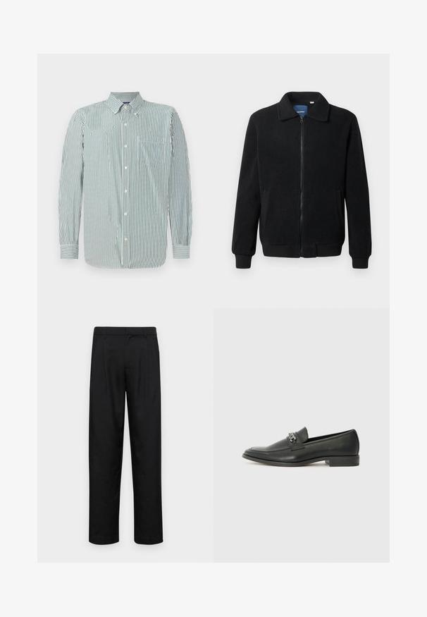 Giacca in pile nera con chiusura zip, colletto alto, polsini a coste e tasche laterali con superficie strutturata.; Camicia a righe in tessuto verde chiaro e bianco, con colletto, maniche lunghe e una tasca sul petto. Motivo a righe verticali.; Pantaloni neri realizzati in tessuto liscio, caratterizzati da un taglio dritto, due pieghe frontali e una vita standard con passanti per la cintura.; Mocassino in pelle nera con finitura liscia, caratterizzato da un design cucito e da un accento decorativo in catena metallica sul vamp. Tacco piatto.