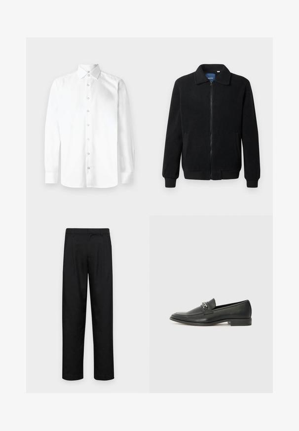 Black fleece jacket featuring a zip closure, stand collar, ribbed cuffs, and side pockets with a textured surface.; White long-sleeve shirt with a pointed collar, button front, and single-button cuffs. Smooth, plain fabric with no patterns or embellishments.; Black trousers made of smooth fabric, featuring a straight-leg design, two front pleats, and standard waistband with belt loops.; Black leather loafer with a smooth finish, featuring a stitched design and a decorative metal chain accent across the vamp. Flat heel.