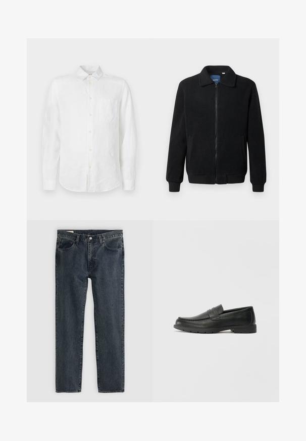Crni flis jakna s zatvaranjem na zip, stojećim ovratnikom, rebrastim manžetama i bočnim džepovima s teksturiranom površinom.; Bijela lanena košulja s dugim rukavima, ovratnikom na kopčanje, jednim džepom na prsima i bisernim gumbima. Glatke teksture i ležernog kroja.; Tamno plave traperice s ravnim nogavicama, pet džepova i zatvaranjem na dugme. Tkanina pokazuje suptilno blijeđenje i teksturu.; Crne kožne mokasine s glatkom površinom, gornji dio u stilu mokasina, ojačani šavovi i gumeni potplat. Klasičan dizajn s niskom petom.
