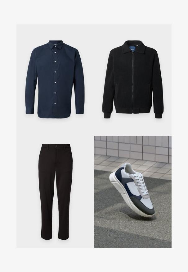 Chaqueta de forro polar negra con cierre de cremallera, cuello alzado, puños acanalados y bolsillos laterales con una superficie texturizada.; Camisa de manga larga de color azul marino, fabricada en algodón suave, con cuello extendido, botonera frontal y puños abotonados. Sin patrones visibles.; Pantalones negros de tela ligera, con pierna recta, cierre frontal con botón, trabillas para cinturón y bolsillos laterales.; Zapatilla blanca, azul marino y gris con un diseño de materiales mixtos, que presenta una parte superior texturizada, cordones planos y una suela acolchada.