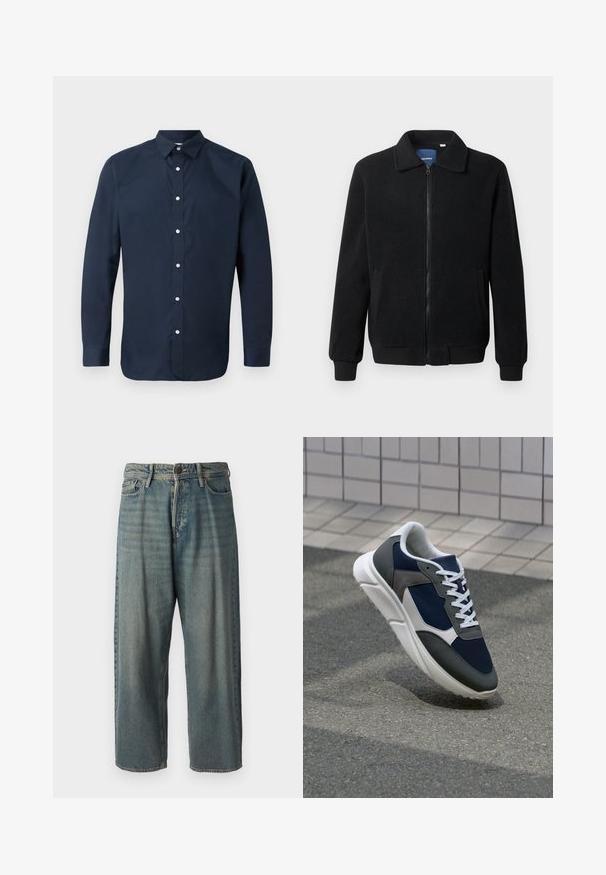 Crni flis jakna s zatvaranjem na zip, stojećim ovratnikom, rebrastim manžetama i bočnim džepovima s teksturiranom površinom.; Mornarsko plava košulja dugih rukava od glatkog pamuka s raširenim ovratnikom, prednjim gumbima i zakovanim manžetama. Nema vidljivih uzoraka.; Svijetloplave traperice s širokim krojem, srednjim pojasom i ravnim nogavicama. Ima pet džepova, petlje za remen i kopčanje na gumb.; Tenisice s gornjim dijelom od mrežastog materijala tamnoplave boje, siva antilopova naglašavanja, bijela gumena potplat i ravne bijele vezice, dizajnirane za udobnost i prozračnost.