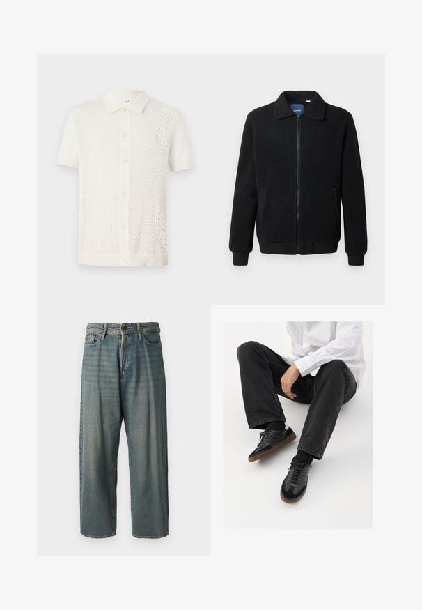 Fekete bolyhos dzseki cipzárral, állógallérral, bordázott mandzsettákkal és oldalzsebekkel, textúrált felülettel.; Rövid ujjú, krémszínű kötött polo ing, textúrával rendelkező, mintás dizájnnal, gombos záródással és klasszikus gallérral.; Világoskék farmernadrág, laza fazonnal, közepes derékbőséggel és egyenes szárral. Öt zsebet, övbucskát és gombos záródást tartalmaz.; Fekete tornacipők sima és texturált felsőrészel, gumitalppal és sötét cipőfűzőkkel. Fekete farmernadrággal és fehér csíkos inggel párosítva.