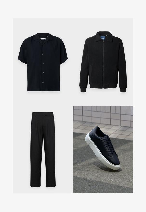 Juodas fliso džemperis su užtrauktuku, stovinčia apykakle, gumuotais rankogaliais ir šoninėmis kišenėmis, turinčiomis tekstūruotą paviršių.; Trumpas rankovėmis juodas marškinėlis, pagamintas iš lengvos medžiagos, su apykakle, mygtukų užsegimu ir laisvu siluetu. Paprastas, vienspalvis dizainas be raštų.; Juodi kelnių modeliai, pagaminti iš lygios medžiagos, turi tiesią kojas, du priekiniai klostės ir standartinę juosmenį su diržo kilpomis.; Juodas odinis sportbačius su apvaliu pirštu ir baltu gumuotu padu. Turi plokščias raišteles ir minimalų siuvimą viršuje. Padangos tekstūra užtikrina sukibimą.