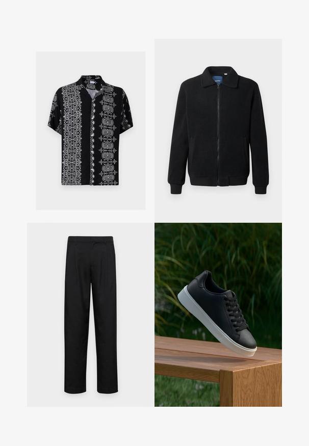 Sort fleecejakke med lynlås, opretstående krave, ribbede manchetter og sidelommer med en tekstureret overflade.; Kortærmet skjorte med knapper i sort stof, med indviklede hvide blomster- og dekorative mønstre på begge sider og en krave.; Sorte bukser lavet af glat stof, med et lige ben-design, to frontfolder og en standard talje med bæltestropper.; Sort lædersneaker med en glat overflade, hvid gummisål og seks øjer til snørebånd, præsenteret på en træoverflade.