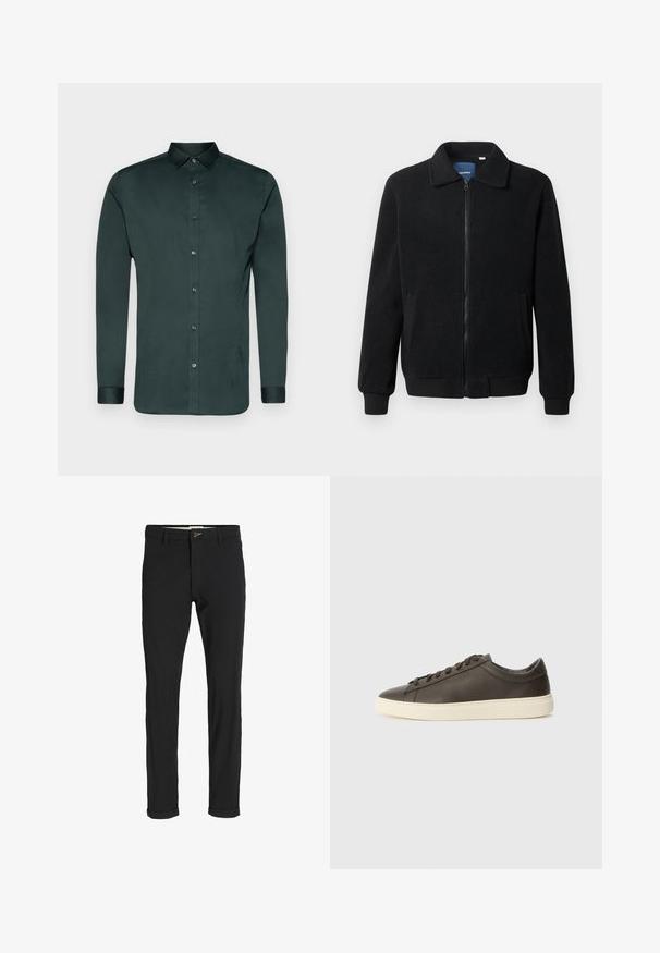 Giacca in pile nera con chiusura zip, colletto alto, polsini a coste e tasche laterali con superficie strutturata.; Jack & Jones PREMIUM JJPRPARMA L/S NOOS - Camicia - darkest spruce; Pantaloni neri in cotone misto con vestibilità slim, dotati di chiusura con bottone, tasche e orli arrotolati per un look informale.; Sneaker in pelle marrone scuro con finitura testurizzata, suola in gomma bianca e lacci piatti. Design minimalista senza loghi visibili.