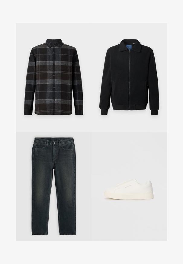 Schwarze Fleecejacke mit Reißverschluss, Stehkragen, gerippten Bündchen und seitlichen Taschen mit strukturiertem Oberflächenmaterial.; Flanellhemd in schwarz-grauem Karomuster, mit Punktkragen, Knopfleiste und zwei Brusttaschen. Weicher Stoff und lange Ärmel.; Dunkelblaue Jeans aus Denim mit geradem Bein, fünf Taschen, Reißverschluss und kontrastierenden Nähten. Dezente Ausbleichungen im Stoff.; Weiße Slip-On-Sneaker mit einer strukturierten Oberfläche, dicker Sohle und minimalistischem Design. Mit Logo der Marke an der Seite.