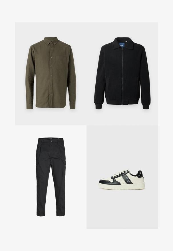 Musternahk fleece-jakk musternahaga, tõmblukk, seisev kaelus, soonikkoes varrukad ja küljetaskud tekstuurse pinnaga.; Olive roheline nööbiga särk, pikad varrukad, väike krae, üks rinnatasku, tekstuuriga kangas, ees nööpide kinnitamine.; Mustad mustapõlvik, mis on valmistatud tugeva koe kasutades, sisaldab mitmeid taskuid, nupule kinnitatav sulgemine ja kitsenev disain.; Nahatud nahkkingad musta ja kreemi värviskeemiga, millel on perforeeritud aktsendid, pehme krae ja tekstureeritud tallad.