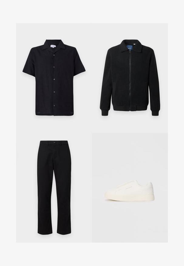 Schwarze Fleecejacke mit Reißverschluss, Stehkragen, gerippten Bündchen und seitlichen Taschen mit strukturiertem Oberflächenmaterial.; Schwarzes Kurzarmhemd aus leichtem Stoff. Verfügt über einen kragenlosen Ausschnitt und eine Frontknopfleiste mit fünf Knöpfen in der Mitte.; GAP SLIM PERFORMANCE STRETCH - Chino - true black; Weiße Slip-On-Sneaker mit einer strukturierten Oberfläche, dicker Sohle und minimalistischem Design. Mit Logo der Marke an der Seite.