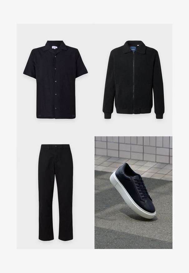 Sort fleecejakke med lynlås, opretstående krave, ribbede manchetter og sidelommer med en tekstureret overflade.; Sort kortærmet skjorte lavet af let vævning. Har en krave og frontåbning med fem knapper nedad i midten.; GAP SLIM PERFORMANCE STRETCH - Chino - true black; Sort lædersneaker med rund tå og hvid gummisål. Har flade snørebånd og minimal syning på overdelen. Tekstureret sål for bedre greb.