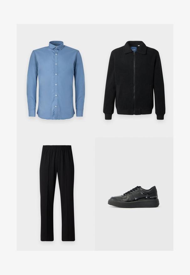 Giacca in pile nera con chiusura zip, colletto alto, polsini a coste e tasche laterali con superficie strutturata.; Camicia azzurra a maniche lunghe con colletto a polo, caratterizzata da una texture liscia e sei bottoni bianchi lungo il davanti.; Pantaloni neri con vita elasticizzata e design a gamba dritta, caratterizzati da una texture liscia e senza motivi o hardware visibili.; Sneakers in pelle nera con una finitura liscia, punta rotonda e suola in gomma nera a contrasto. Presentano lacci piatti e un logo sul lato.