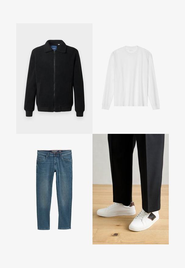 Musternahk fleece-jakk musternahaga, tõmblukk, seisev kaelus, soonikkoes varrukad ja küljetaskud tekstuurse pinnaga.; Pika, pikkide varrukatega valge puuvillane T-särk, millel on ümar kaelus ja soonikkoes mansetid. Lihtne, kaunistusteta disain, mis hõlmab siledat tekstuuri ja standardset sobivust.; Sinised denimpüksid kitseneva lõikega, viie taskuga disain ja punane sisekumm. Seljal taskul on logopatch.; Valged sneakersid siledat tekstuurist, millel on pruunad nahast detailid ja mustad aksessuaarid, millele on sobitatud mustad kohandatud püksid. Puitpõranda taust.