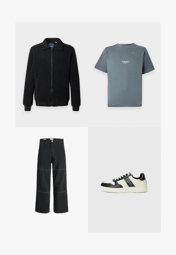 Chaqueta de forro polar negra con cierre de cremallera, cuello alzado, puños acanalados y bolsillos laterales con una superficie texturizada.; Camiseta de algodón gris con cuello redondo, mangas cortas y un pequeño logotipo blanco de "JJ Studios" en el pecho. Textura suave y corte relajado.; Pantalones de pierna ancha negros, confeccionados con un tejido duradero, que presentan costuras blancas en contraste, dos bolsillos frontales y un cierre de cintura con un botón.; Zapatillas de cuero con un esquema de colores negro y crema, que cuentan con acentos perforados, un collar acolchado y una suela texturizada.