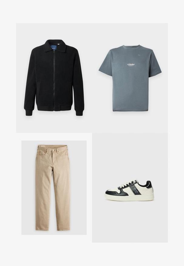 Μαύρο φλις μπουφάν με κλείσιμο με φερμουάρ, όρθιο γιακά, λαστιχένια μανίκια και πλάγιες τσέπες με υφή.; Γκρι βαμβακερή μπλούζα με κοντό μανίκι και στρογγυλή λαιμόκοψη, με μικρό λευκό λογότυπο "JJ Studios" στο στήθος. Λείο υλικό και άνετη εφαρμογή.; Μπεζ τζιν παντελόνι με ίσια γραμμή, διαθέτοντας πέντε τσέπες, με κλείσιμο μπροστά με κουμπί και διακριτές ραφές. Λείος υφή, χαλαρός σχεδιασμός.; Δερμάτινα sneakers με μαύρο και κρεμ χρωματικό σχέδιο, με διάτρητες λεπτομέρειες, επενδεδυμένο κολάρο και υφή στη σόλα.