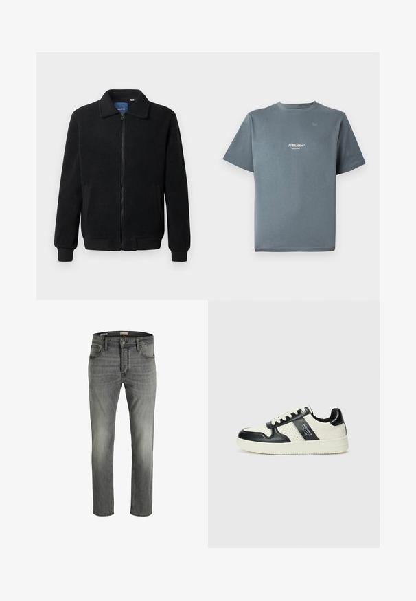 Μαύρο φλις μπουφάν με κλείσιμο με φερμουάρ, όρθιο γιακά, λαστιχένια μανίκια και πλάγιες τσέπες με υφή.; Γκρι βαμβακερή μπλούζα με κοντό μανίκι και στρογγυλή λαιμόκοψη, με μικρό λευκό λογότυπο "JJ Studios" στο στήθος. Λείο υλικό και άνετη εφαρμογή.; Γκρι τζιν παντελόνι με ελαφρώς ξεθωριασμένο φινίρισμα, ίσια γραμμή, πέντε τσέπες και μονό μεταλλικό κουμπί κλεισίματος.; Δερμάτινα sneakers με μαύρο και κρεμ χρωματικό σχέδιο, με διάτρητες λεπτομέρειες, επενδεδυμένο κολάρο και υφή στη σόλα.