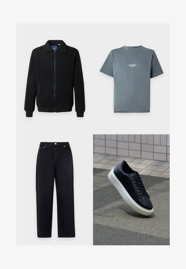 Fekete bolyhos dzseki cipzárral, állógallérral, bordázott mandzsettákkal és oldalzsebekkel, textúrált felülettel.; Szürke pamut póló, kerek nyakkal, rövid ujjakkal és egy kis fehér "JJ Studios" logóval a mellkason. Simogatós textúra és laza szabás.; Fekete, bővített szárú farmernadrág. Elöl gombos zárással, két oldalsó zsebbel és klasszikus 5-zsebes kivitelben készült. Sima tapintású.; Fekete bőr sportcipő lekerekített orral és fehér gumitalppal. Lapos fűzőkkel és minimális varrásokkal rendelkezik a felsőrészén. Mintás talp a tapadásért.