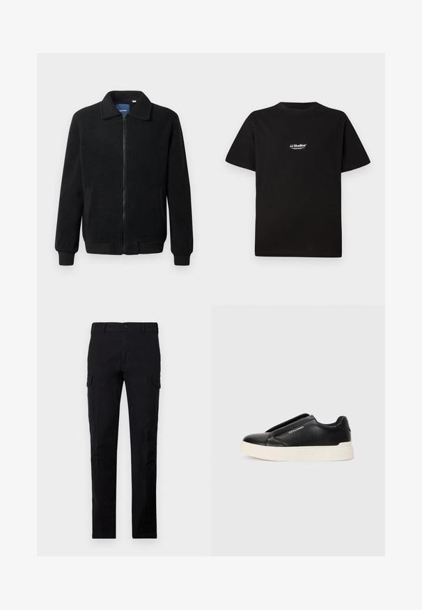 Svart fleece jakke med glidelås, høy krage, ribbestrikkede mansjetter og sidelommer med strukturert overflate.; Svart bomull T-skjorte med rund hals og korte ermer. Har en hvit "JJ Studios" logo på øvre brystområde.; Svart cargo bukser laget av slitesterkt stoff, med vanlig passform, knappelukking og to sidelommer. Enkelt stoff uten mønstre.; Sorte slip-on joggesko med teksturert læroverdel, hvit gummisåle og ingen synlige snører. Har merkevarelogo på siden.