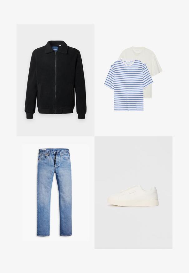 Črna flis jakna z zadrgo, stoječim ovratnikom, rebrastimi zapestji in stranskimi žepi s teksturirano površino.; Dve kratke majice s kratkimi rokavi: ena bela s plavimi črtami in ena enobarvna svetlo smetana. Mehki bombažni material, kroj s krožno oblečenim izrezom, sproščen kroj.; Svetlo modri kavbojke z ravnim izrezom, pet gumbov za zapiranje, zanke za pas in subtilno bluenje. Ima dva sprednja žepa in bakrene zakovice.; Bele zapete brez vezalk z teksturirano površino, debelim podplatom in minimalističnim dizajnom. Na strani se nahaja logotip blagovne znamke.