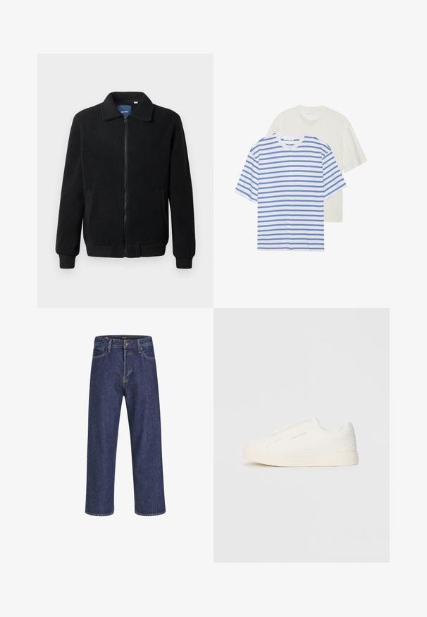 Black fleece jacket featuring a zip closure, stand collar, ribbed cuffs, and side pockets with a textured surface.; Two short-sleeve t-shirts: one white with blue stripes and one solid light cream. Soft cotton material, crew neck design, relaxed fit.; Dark blue denim jeans with a straight cut, five-pocket design, metal button closure, and contrasting stitching, featuring a subtle texture.; White slip-on sneakers with a textured surface, a thick sole, and minimalistic design. Features brand logo on the side.