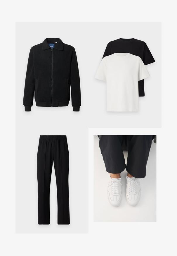 Black fleece jacket featuring a zip closure, stand collar, ribbed cuffs, and side pockets with a textured surface.; Cotton t-shirt set featuring a black top and a white top, both with short sleeves, round neckline, and standard fit. Textured fabric.; Black, elastic-waist trousers with a straight-leg design, featuring a smooth texture and no visible patterns or hardware.; White leather sneakers featuring a smooth texture, round toe, and classic lacing system, positioned above dark, loose-fitting trousers.