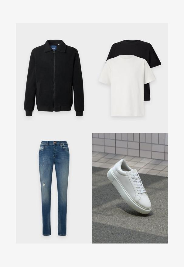 Melnā vilnas jaka ar rāvējslēdzēju, stāvošu apkakli, ribotām piedurknēm un sānu kabatām ar teksturētu virsmu.; Kokvilnas T-kreklu komplekts, kas sastāv no melna un baltā T-krekla, abi ar īsām piedurknēm, apaļu kakla izgriezumu un standarta piegriezumu. Faktūras audums.; Šauri zili džinsi, kas izgatavoti no denima, ar izbalējušu krāsu, vieglu nolietojumu uz augšstilbiem un tradicionālo piecu kabatu dizainu.; Baltas ādas sporta apavi ar gludu virsmu, apaļu pirkstu un plakanām baltām šņorēm. Iezīmējas ar strukturētu gumijas zoli un minimālisma dizaina elementiem.