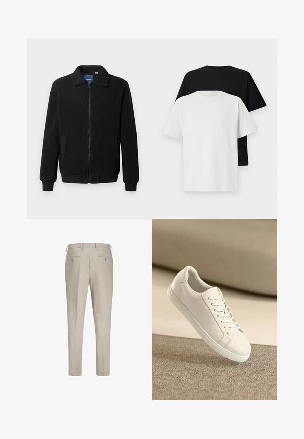 Čierna flísová bunda s uzáverom na zips, stojatým golierom, rebrovanými manžetami a bočnými vreckami s textúrovaným povrchom.; Bavlnená súprava tričiek, ktorá obsahuje čierne tričko a biele tričko, obe s krátkymi rukávmi, okrúhlym výstrihom a štandardným strihom. Textúrovaná látka.; Ľanové nohavice v svetlo béžovej farbe s textúrovaným povrchom. Obsahujú dve zadné vrecká s gombíkmi a pásky na opasok pre regulovateľné nosenie.; Biele kožené tenisky s bielymi šnúrkami, vystavené na béžovom textúrovanom povrchu a s jemne rozostreným pozadím.