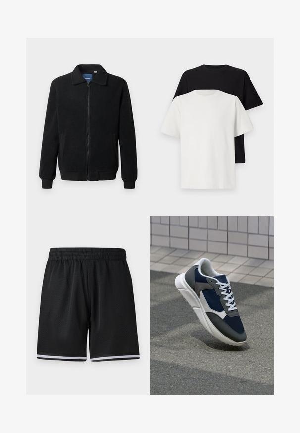 Giacca in pile nera con chiusura zip, colletto alto, polsini a coste e tasche laterali con superficie strutturata.; Set di t-shirt in cotone composto da una maglietta nera e una bianca, entrambe con maniche corte, scollatura rotonda e vestibilità standard. Tessuto testurizzato.; Pantaloni sportivi neri in rete con vita elastica, con strisce bianche lungo l'orlo per un tocco di dettaglio. Materiale leggero e traspirante.; Sneaker con tomaia in rete blu navy, inserti in suede grigio, suola in gomma bianca e lacci bianchi piatti, progettata per comfort e traspirabilità.