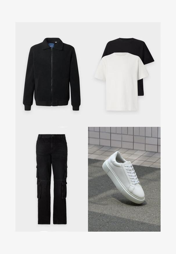 Jachetă din fleece neagră, cu închidere prin fermoar, guler înalt, manșete ribbate și buzunare laterale cu o suprafață texturată.; Set de tricouri din bumbac, care include un top negru și unul alb, ambele cu mâneci scurte, guler rotund și croială standard. Material texturat.; Pantaloni din denim negru cu un design drept, având două buzunare laterale de tip cargo și o închidere clasică cu buton. Țesătură texturată cu o ușoară decolorare.; Sneaker alb din piele cu o suprafață netedă, vârf rotund și șireturi plate albe. Dispune de o talpă din cauciuc texturată și elemente de design minimale.