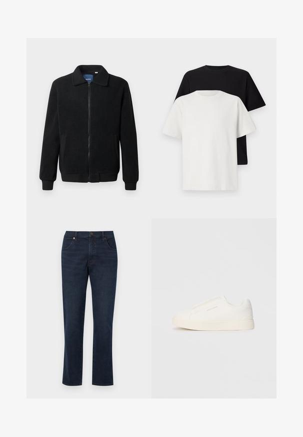 Jachetă din fleece neagră, cu închidere prin fermoar, guler înalt, manșete ribbate și buzunare laterale cu o suprafață texturată.; Set de tricouri din bumbac, care include un top negru și unul alb, ambele cu mâneci scurte, guler rotund și croială standard. Material texturat.; Jeans din denim de culoare albastră închisă, cu croială dreaptă, prezintă un design clasic, cu cinci buzunare, închidere cu buton metalic și detalii de cusătură minimaliste.; Tenisi albi slip-on cu o suprafață texturată, talpă groasă și un design minimalist. Prezintă logo-ul brandului pe lateral.