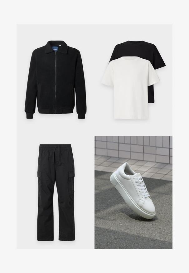 Musternahk fleece-jakk musternahaga, tõmblukk, seisev kaelus, soonikkoes varrukad ja küljetaskud tekstuurse pinnaga.; Puuvillane t-särkide komplekt, mis sisaldab musta ja valget särk, mõlemad lühikeste varrukatega, ümmarguse kaelusega ja standardse lõikega. Tekstuuriga kangas.; Mustad mustrit püksid, mis on valmistatud kergest kangast, elastse vöökoha, paelaga ja kahe külgmise taskuga.; Valge nahkline sneka, millel on sile pind, ümar varvas ja lame valge pael. Omab tekstuuriga kummist talla ja minimaalset kujunduselementi.