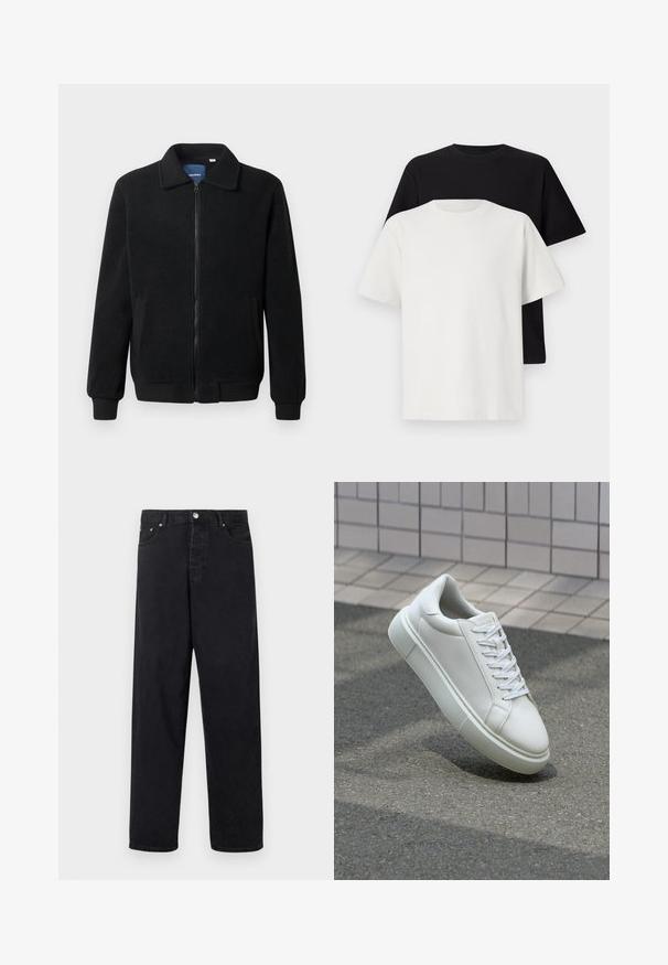 Black fleece jacket featuring a zip closure, stand collar, ribbed cuffs, and side pockets with a textured surface.; Cotton t-shirt set featuring a black top and a white top, both with short sleeves, round neckline, and standard fit. Textured fabric.; Black high-waist straight-leg jeans with button closure, belt loops, and front and back pockets on a white background.; White leather sneaker with a smooth surface, round toe, and flat white laces. Features a textured rubber sole and minimal design elements.