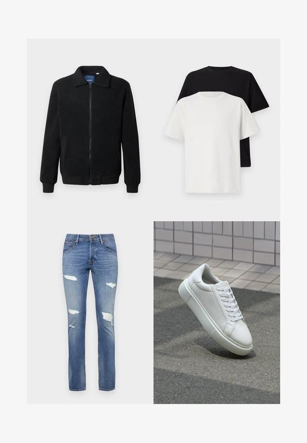 Svart fleece jakke med glidelås, høy krage, ribbestrikkede mansjetter og sidelommer med strukturert overflate.; Sett med bomull t-skjorter bestående av en svart topp og en hvit topp, begge med korte ermer, rund hals og standard passform. Teksturet stoff.; Blå denimjeans med en lett falmet finish, med flere slitte hull og rett ben-design. Knapplukking i livet.; Hvit lær sneaker med glatt overflate, rund tå og flate hvite snøringer. Har en teksturert gummisåle og minimale design elementer.