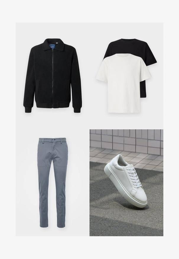 Melnā vilnas jaka ar rāvējslēdzēju, stāvošu apkakli, ribotām piedurknēm un sānu kabatām ar teksturētu virsmu.; Kokvilnas T-kreklu komplekts, kas sastāv no melna un baltā T-krekla, abi ar īsām piedurknēm, apaļu kakla izgriezumu un standarta piegriezumu. Faktūras audums.; Gai bikses, kas izgatavotas no austas auduma, ar plakanu priekšpusi, standarta vidukli ar jostu cilpām un šaurām taisnajām kājām.; Baltas ādas sporta apavi ar gludu virsmu, apaļu pirkstu un plakanām baltām šņorēm. Iezīmējas ar strukturētu gumijas zoli un minimālisma dizaina elementiem.