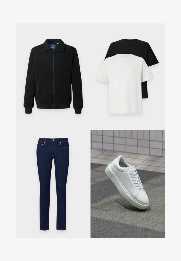 Black fleece jacket featuring a zip closure, stand collar, ribbed cuffs, and side pockets with a textured surface.; Cotton t-shirt set featuring a black top and a white top, both with short sleeves, round neckline, and standard fit. Textured fabric.; Only & Sons ONSLOOM BOX - Slim fit jeans - dark blue denim; White leather sneaker with a smooth surface, round toe, and flat white laces. Features a textured rubber sole and minimal design elements.