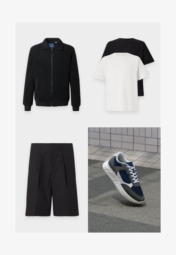 Musternahk fleece-jakk musternahaga, tõmblukk, seisev kaelus, soonikkoes varrukad ja küljetaskud tekstuurse pinnaga.; Puuvillane t-särkide komplekt, mis sisaldab musta ja valget särk, mõlemad lühikeste varrukatega, ümmarguse kaelusega ja standardse lõikega. Tekstuuriga kangas.; Mustad musta värvi lühikesed püksid, mis on valmistatud kergest kangast, plekkide ja nööbiga kinnituse ning sirge hemiga. Sile tekstuur ja nähtamatud mustrid.; Sneaker, mille sinine võrkkangas, hallid nubukdetailid, valge kummitald ja lamedad valged paelad, disainitud mugavuseks ja hingavuseks.