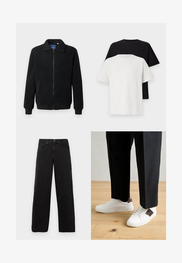 Black fleece jacket featuring a zip closure, stand collar, ribbed cuffs, and side pockets with a textured surface.; Cotton t-shirt set featuring a black top and a white top, both with short sleeves, round neckline, and standard fit. Textured fabric.; Black denim jeans with a straight leg design, five-pocket styling, and a button closure. Textured fabric and minimalist aesthetic.; White sneakers with smooth texture, featuring brown leather accents and black detailing, paired with black tailored pants. Wooden floor background.