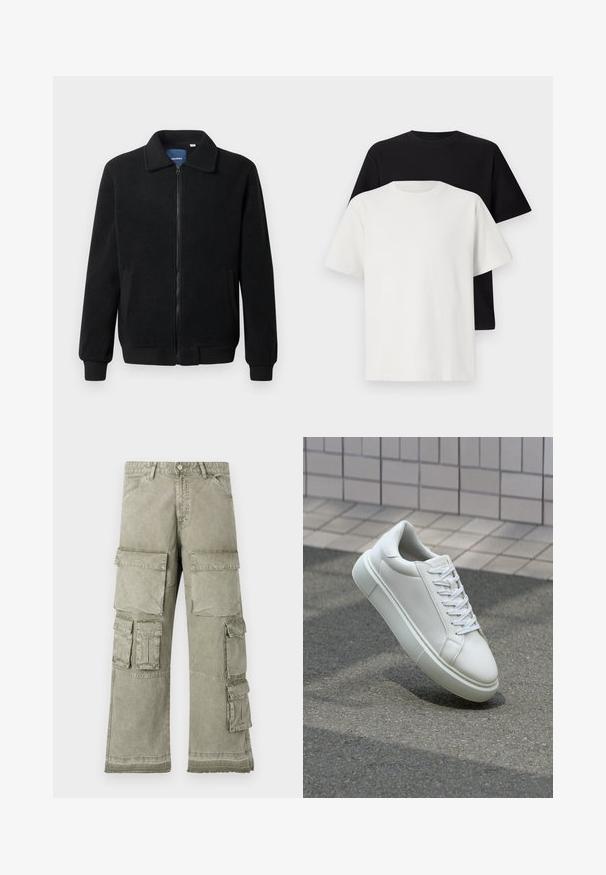 Crni flis jakna s zatvaranjem na zip, stojećim ovratnikom, rebrastim manžetama i bočnim džepovima s teksturiranom površinom.; Set pamučnih majica koji uključuje crnu i bijelu majicu, obje s kratkim rukavima, okruglim izrezom i klasičnim krojem. Tekstura tkanine.; Cargo hlače u svijetlo maslinasto zelenoj boji, s brojnim velikim džepovima, širom nogavicama i sirovim rubovima. Izrađene su od izdržljive tkanine.; Bijela kožna tenisica s glatkom površinom, okruglim vrhom i ravnim bijelim vezicama. Ima teksturiran gumeni potplat i minimalne dizajnerske elemente.