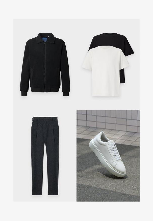 Juodas fliso džemperis su užtrauktuku, stovinčia apykakle, gumuotais rankogaliais ir šoninėmis kišenėmis, turinčiomis tekstūruotą paviršių.; Medvilniniai marškiniai, kuriuos sudaro juodas ir baltas marškinėliai, abu su trumpomis rankovėmis, apvaliu iškirpimu ir standartiniu sijonu. Tekstūruota medžiaga.; Pilkos vilnos mišinio kelnės su dviem priekinėmis raukšlėmis, diržo kilpomis, šoninėmis kišenėmis ir mygtukų užsegimu. Tiesaus kirpimo, su lygiu paviršiumi.; Balti odiniai sportbačiai su lygiu paviršiumi, apvalia nosimi ir plokščiomis baltomis raištelėmis. Yra tekstūruotas gumos padas ir minimalizmas dizaino elementuose.