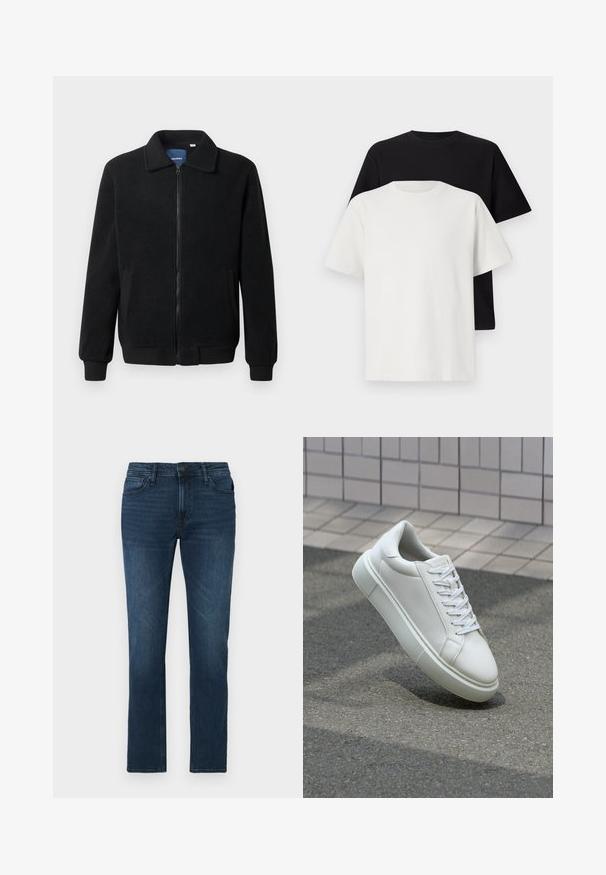 Fekete bolyhos dzseki cipzárral, állógallérral, bordázott mandzsettákkal és oldalzsebekkel, textúrált felülettel.; Pamut póló szett, amely egy fekete és egy fehér pólót tartalmaz, mindkettő rövid ujjú, környakú és normál fazonú. Texturált anyag.; Sötétkék farmernadrág egyenes szárú szabással, gombos és cipzáras záródással, öt zsebes kialakítással és finom kopásokkal az anyagon.; Fehér bőr sportcipő sima felülettel, kerek orral és lapos fehér fűzőkkel. Texturált gumitalppal és minimális dizájnelemekkel rendelkezik.