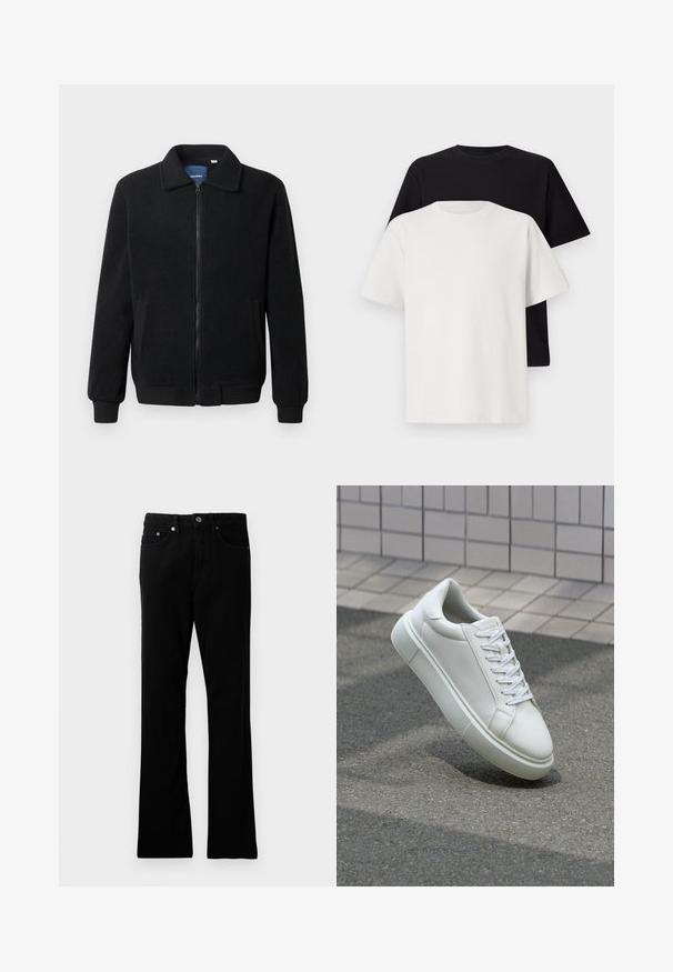 Schwarze Fleecejacke mit Reißverschluss, Stehkragen, gerippten Bündchen und seitlichen Taschen mit strukturiertem Oberflächenmaterial.; Baumwoll-T-Shirt-Set bestehend aus einem schwarzen Oberteil und einem weißen Oberteil, beide mit kurzen Ärmeln, Rundhalsausschnitt und normaler Passform. Texturiert.; Schwarze Jeanshose mit geradem Schnitt, fünf Taschen, Metallknopfverschluss und dezenten Stitching-Details. Glatte Textur und gleichmäßige Farbe.; Weiße Leder-Sneaker mit glatter Oberfläche, runder Zehenpartie und flachen weißen Schnürsenkeln. Verfügt über eine strukturierte Gummisohle und minimalistische Designelemente.