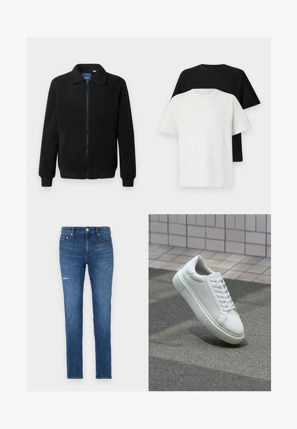 Crni flis jakna s zatvaranjem na zip, stojećim ovratnikom, rebrastim manžetama i bočnim džepovima s teksturiranom površinom.; Set pamučnih majica koji uključuje crnu i bijelu majicu, obje s kratkim rukavima, okruglim izrezom i klasičnim krojem. Tekstura tkanine.; Tamno plave traperice uskog kroja, s blagim oštećenjima i izbljeđenjem, pet džepova i zatvaranjem na munju s gumbom.; Bijela kožna tenisica s glatkom površinom, okruglim vrhom i ravnim bijelim vezicama. Ima teksturiran gumeni potplat i minimalne dizajnerske elemente.