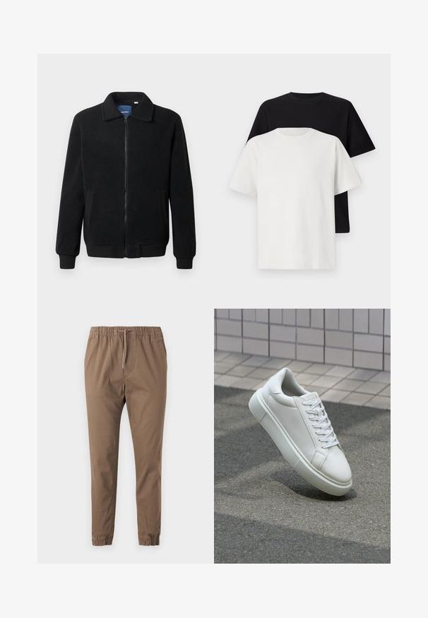 Svart fleece jakke med glidelås, høy krage, ribbestrikkede mansjetter og sidelommer med strukturert overflate.; Sett med bomull t-skjorter bestående av en svart topp og en hvit topp, begge med korte ermer, rund hals og standard passform. Teksturet stoff.; Brune, elastiske bukser med justerbar snor i taljen, taperede ben og oppbrettede hem. Mykt stoff med en glatt tekstur og uten synlige mønstre.; Hvit lær sneaker med glatt overflate, rund tå og flate hvite snøringer. Har en teksturert gummisåle og minimale design elementer.