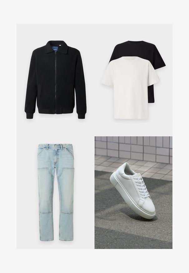 Musternahk fleece-jakk musternahaga, tõmblukk, seisev kaelus, soonikkoes varrukad ja küljetaskud tekstuurse pinnaga.; Puuvillane t-särkide komplekt, mis sisaldab musta ja valget särk, mõlemad lühikeste varrukatega, ümmarguse kaelusega ja standardse lõikega. Tekstuuriga kangas.; Heledad taevasinised teksad sirgete jalgadega, millel on plaastritaskud ja kulunud viimistlus. Nööbiga kinnitamine vöökohas, tavalised vööloopid.; Valge nahkline sneka, millel on sile pind, ümar varvas ja lame valge pael. Omab tekstuuriga kummist talla ja minimaalset kujunduselementi.