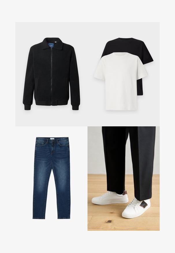 Fekete bolyhos dzseki cipzárral, állógallérral, bordázott mandzsettákkal és oldalzsebekkel, textúrált felülettel.; Pamut póló szett, amely egy fekete és egy fehér pólót tartalmaz, mindkettő rövid ujjú, környakú és normál fazonú. Texturált anyag.; Sötétkék, slim fit farmernadrág, megkopott részletekkel, klasszikus öt zsebes kialakítással, gombos záródással és övbújtatókkal.; Fehér sneaker, sima textúrával, barna bőr díszítéssel és fekete részletekkel, fekete szabott nadrággal párosítva. Fából készült padló háttér.