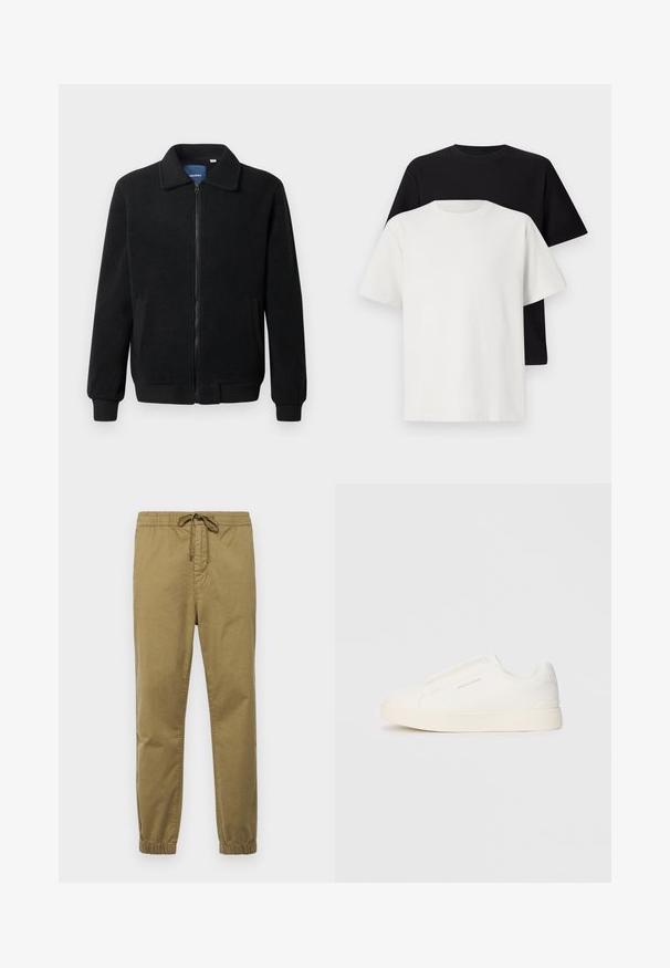 Črna flis jakna z zadrgo, stoječim ovratnikom, rebrastimi zapestji in stranskimi žepi s teksturirano površino.; Set bombažnih majic, ki vključuje črno in belo majico, obe z kratkimi rokavi, okroglim izrezom in standardnim krojem. Teksturirana tkanina.; Svetlo kaki hlače za jogging z elastičnim pasom, nastavljivo vrvico, zoženimi nogavicami in elastičnimi manšetami. Gladek, zračen material.; Bele zapete brez vezalk z teksturirano površino, debelim podplatom in minimalističnim dizajnom. Na strani se nahaja logotip blagovne znamke.
