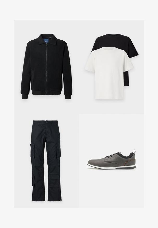 Jachetă din fleece neagră, cu închidere prin fermoar, guler înalt, manșete ribbate și buzunare laterale cu o suprafață texturată.; Set de tricouri din bumbac, care include un top negru și unul alb, ambele cu mâneci scurte, guler rotund și croială standard. Material texturat.; Pantaloni cargo negri cu mai multe buzunare laterale, închidere cu nasture și tivuri ajustabile la glezne. Făcuți dintr-un material rezistent și au un design drept.; Pantofi din piele gri cu accente negre, având vârful rotunjit, design cu șireturi, talpă albă și un mic tab de prindere la călcâi.
