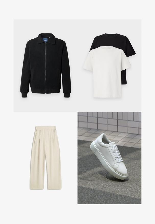 Črna flis jakna z zadrgo, stoječim ovratnikom, rebrastimi zapestji in stranskimi žepi s teksturirano površino.; Set bombažnih majic, ki vključuje črno in belo majico, obe z kratkimi rokavi, okroglim izrezom in standardnim krojem. Teksturirana tkanina.; Hlače širokih nogavic v svetlo bež barvi, z navpičnim rebrastim teksturo, skladnimi detajli na pasu in stranskimi žepi.; Bela usnjena teniska obutev z gladko površino, okroglo konico in ravnimi belimi vezalkami. Ima teksturiran gumijast podplat in minimalne oblikovalske elemente.