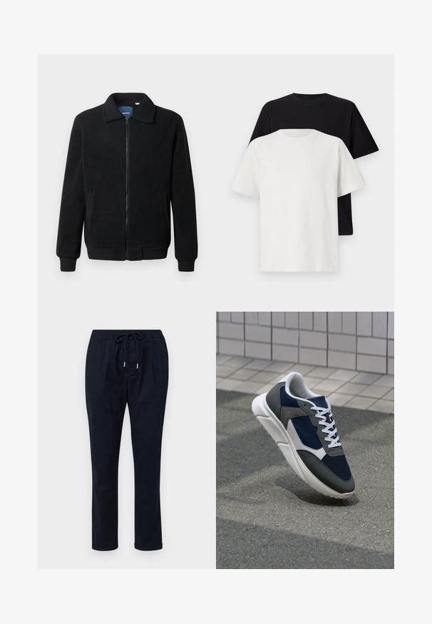 Μαύρο φλις μπουφάν με κλείσιμο με φερμουάρ, όρθιο γιακά, λαστιχένια μανίκια και πλάγιες τσέπες με υφή.; Σετ βαμβακερών μπλούζων με σκούρο μπλουζάκι και λευκό μπλουζάκι, και τα δύο με κοντά μανίκια, στρογγυλή λαιμόκοψη και κανονική εφαρμογή. Υφασμάτινη υφή.; Σκούρο μπλε παντελόνι φτιαγμένο από ελαφρύ ύφασμα, με ελαστική μέση και κορδόνι, ίσια πόδια και γυρισμένα μπατζάκια.; Αθλητικά παπούτσια με επάνω μέρος από ναυτικό μπλε διχτυωτό ύφασμα, γκρι σουέτ λεπτομέρειες, λευκή καουτσούκ σόλα και επίπεδα λευκά κορδόνια, σχεδιασμένα για άνεση και αερισμό.