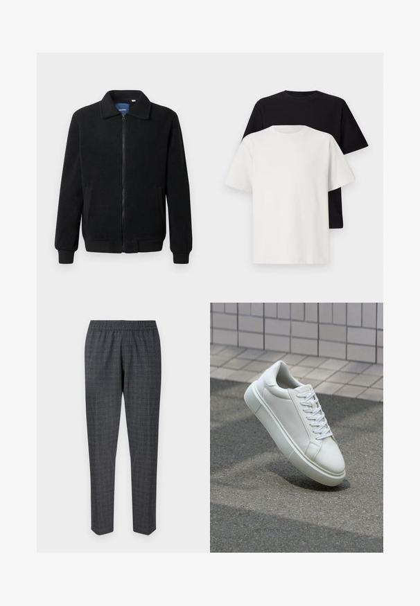 Veste en polaire noire avec fermeture éclair, col montant, poignets côtelés et poches latérales avec une surface texturée.; Ensemble de t-shirts en coton comprenant un haut noir et un haut blanc, tous deux à manches courtes, avec un col rond et une coupe standard. Tissu texturé.; Pantalons à carreaux gris avec une taille élastique et des jambes fuselées, fabriqués à partir d'un tissu texturé avec un motif subtil.; Baskets en cuir blanc avec une surface lisse, bout rond et lacets plats blancs. Présentent une semelle en caoutchouc texturée et des éléments de design minimalistes.